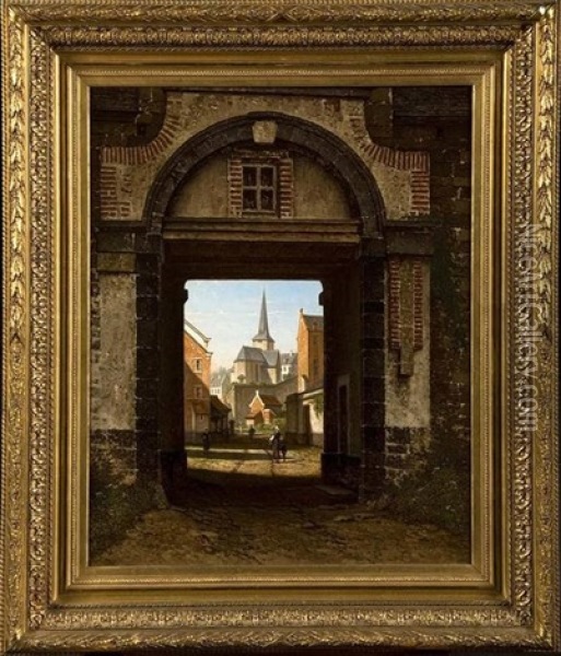 Entree De Bruges Animee Donnant Sue L'eglise Saint-gilles Oil Painting - Francois Stroobant