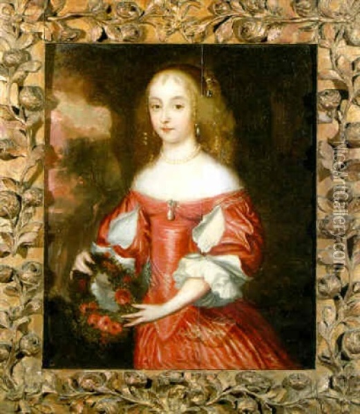 Portrait Of A Lady, Wearing A Red Silk Dress, Holding A Garland Of Roses Oil Painting - Jan Mytens