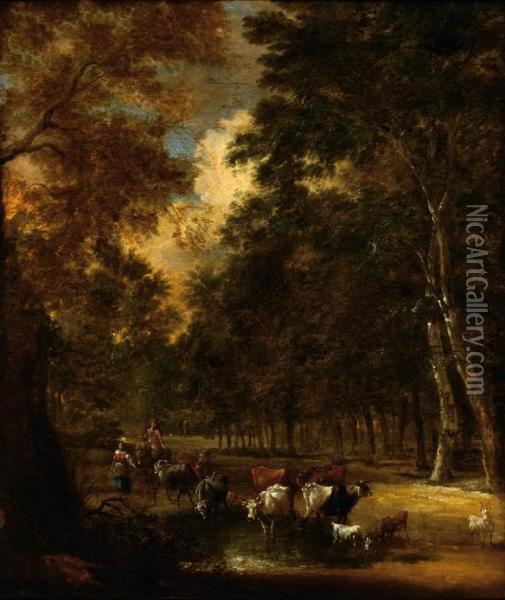 Two Figures With Cows In A Wooded Landscape Oil Painting - Jacques D Arthois