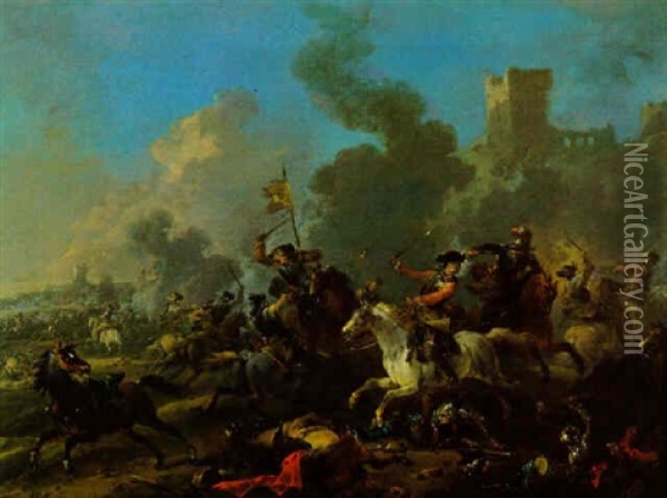 Reitergefecht Im Spanischen Erbfolgekrieg Oil Painting - August Querfurt