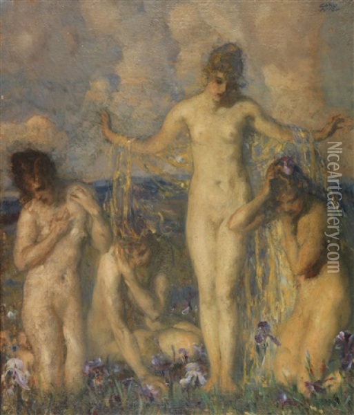 Vier Weibliche Akte Auf Einer Wiese Mit Schwertlilien Oil Painting - Carl von Marr