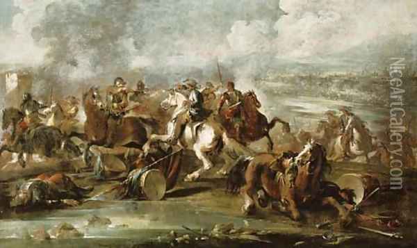 A cavalry skirmish on a riverbank, a city beyond Oil Painting - Francesco Simonini