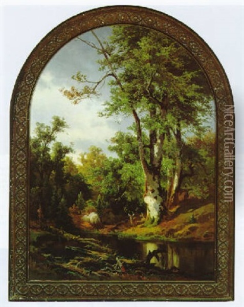 Rotwild Am Stillen Waldweiher Oil Painting - Friedrich Wilhelm Schreiner