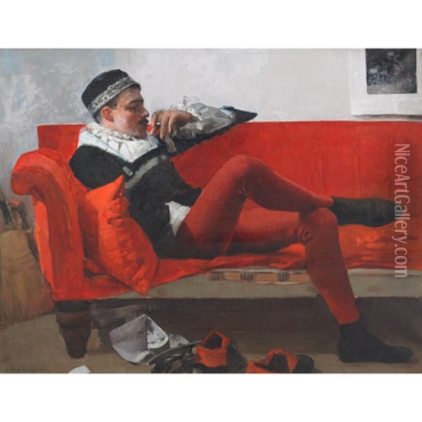 Actor In Shakespearean Costume Lounging On A Red Sofa Oil Painting - James Kerr-Lawson