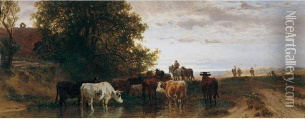 Vieh Vor Einer Wasserstelle (the Watering Hole) Oil Painting - Friedrich Johann Voltz