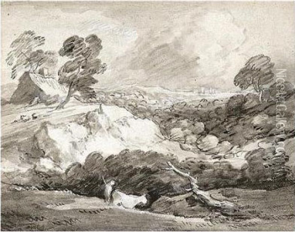 An Open Landscape With A Drover And Cow, A Cottage Beyond Oil Painting - Thomas Gainsborough