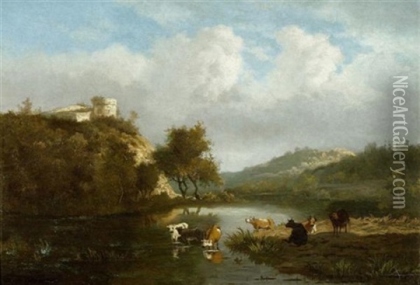 Kuhe An Einem Fluss Oil Painting - Francois Auguste Ortmans