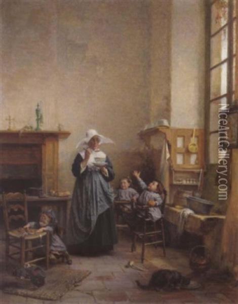 Kinderfutterung (la Becquee) Oil Painting - Vincent Jean Baptiste Chevilliard