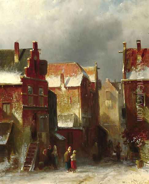 Numerous townsfolk in a street in winter Oil Painting - Charles Henri Leickert