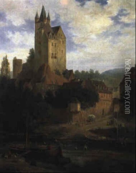 Burg Am Flussufer Oil Painting - Friedrich Fritz Zeller