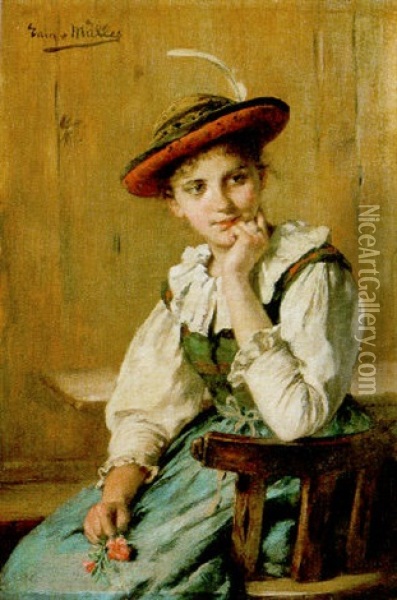 Junges Bauernmadchen Am Tisch Sitzend Oil Painting - Emma (Edle von Seehof) Mueller
