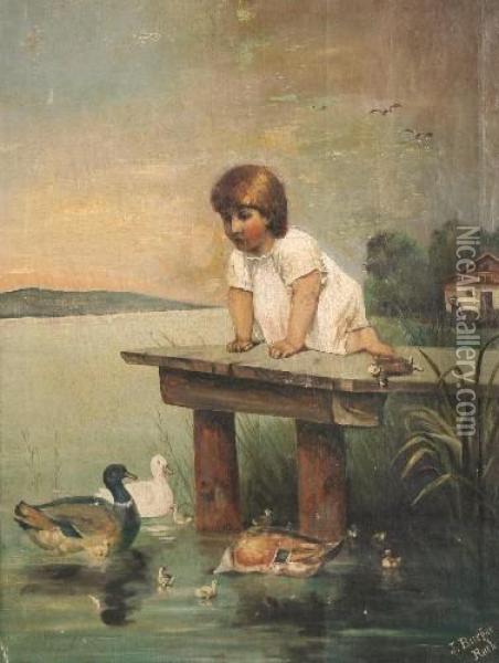 Knabe Auf Einem Steg An Einemteich, Der Enten Beobachtet Oil Painting - J. Burger