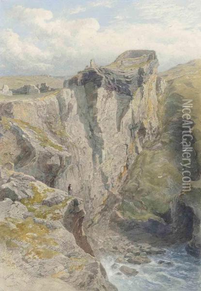 A Figure On The Cliff Overlooking The Sea Below The Ruins Oftintagel Castle, Cornwall Oil Painting - George Arthur Fripp