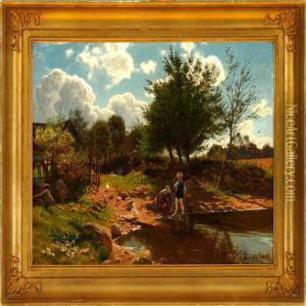 Two Children Playing At A Pond Oil Painting - Ludvig Kabell