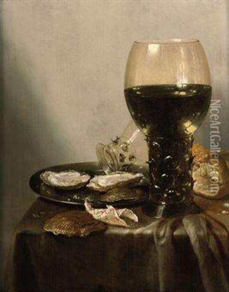 A 'roemer' Of White Wine, A Loaf Of Bread, Oysters And A Smaller'roemer' On A Silver Plate With A Shell And A Folded Piece Of Papercontaining Pepper, All On A Draped Table Oil Painting - Adriaen Jansz. Ocker