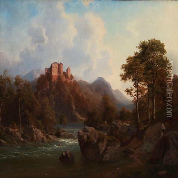 Southern European Landscape With A Castle On A Hilltop Oil Painting - Georg Emil Libert