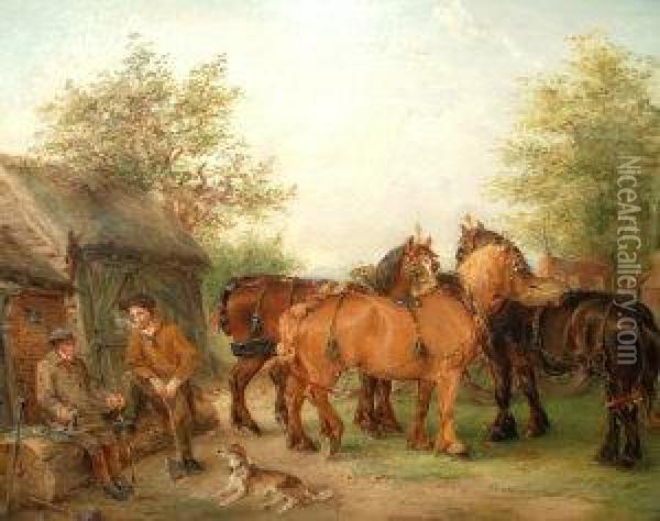 183-1912- Figures And Cart Horses Resting Along A Lane Oil Painting - Edwin Frederick Holt