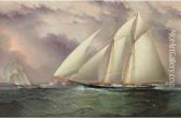 Schooner Racing Off New York Harbor Oil Painting - James E. Buttersworth