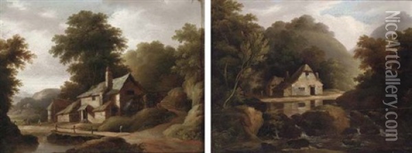 Figure By A Woodland Cottage (+ Figures By A Cottage Near A Stream; 2 Works) Oil Painting - John Wallace Tucker