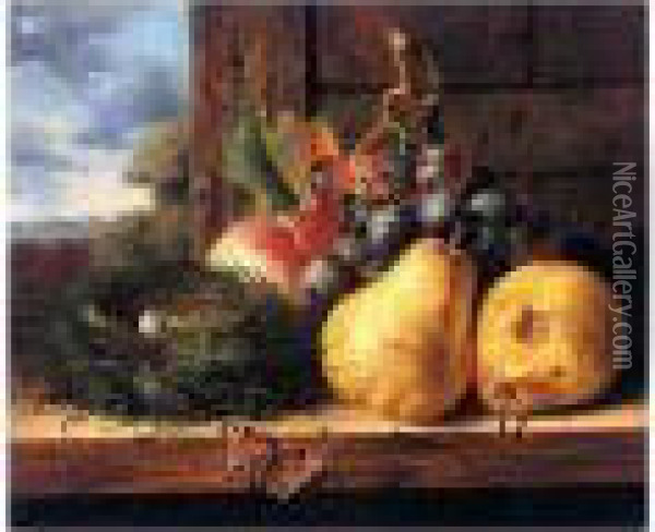 Still Life With A Bird's Nest, Butterfly And Fruit Oil Painting - Edward Ladell