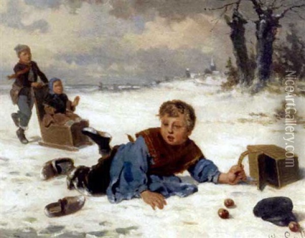 A Mishap In The Snow Oil Painting - Louis Simon Cabaillot Lassalle