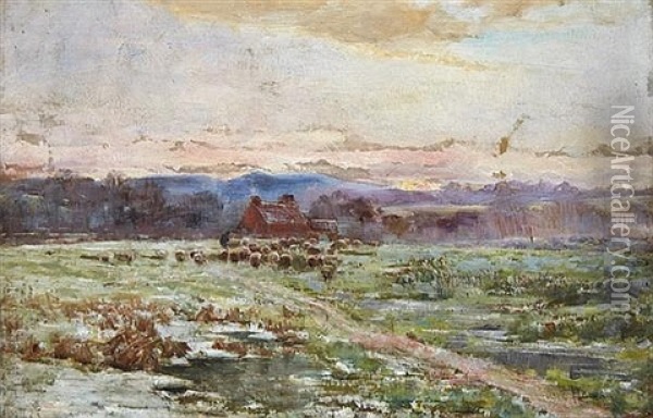 Checking The Flock At Sunset Oil Painting - Claude Hayes