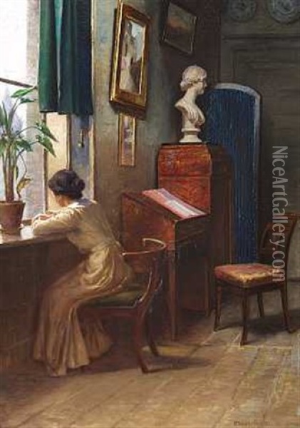 Interior Med Siddende Kvinde, Der Kigger Ud Af Et Vindue Oil Painting - Niels Frederik Schiottz-Jensen