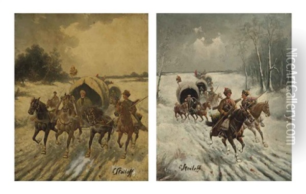 The Siberian Gold Convoy (+ Another; Pair) Oil Painting - Adolf (Constantin) Baumgartner-Stoiloff
