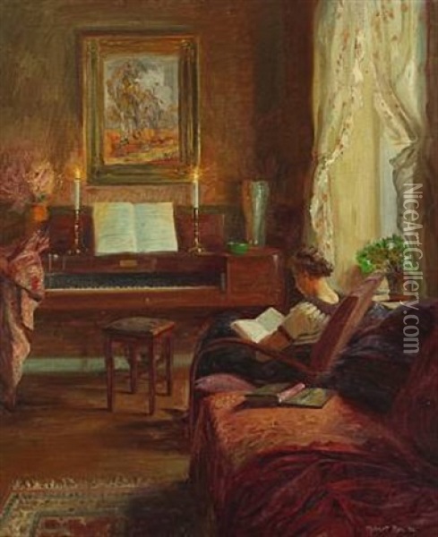 Interior With A Woman Reading In An Armchair Oil Painting - Robert Panitzsch