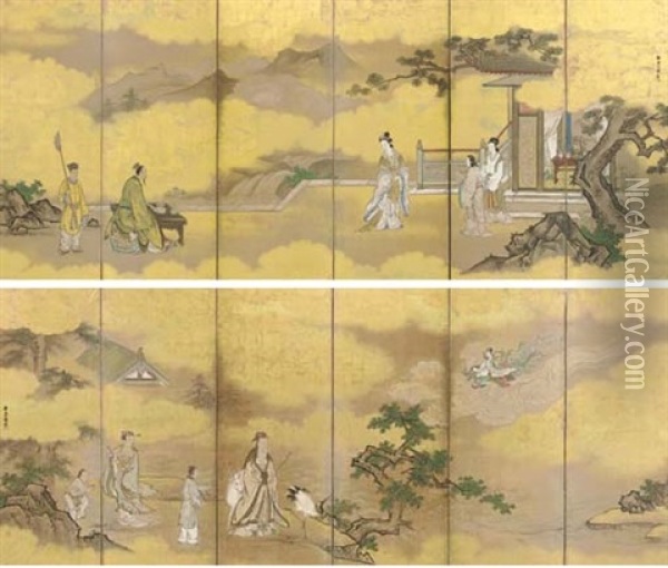 Chinese Immortals (pair Of Six-panel Screens) Oil Painting - Tanyu Kano