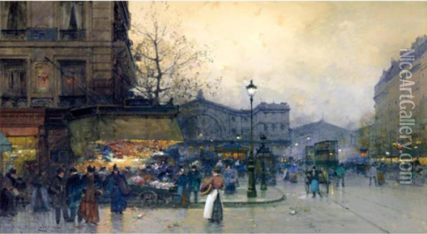 La Gare De L'est Oil Painting - Eugene Galien-Laloue