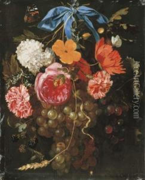 A Poppy, A Snowball, Pink And Yellow Roses, Carnations, Grapes,blackberries, An Ear Of Wheat And Sprigs Oil Painting - Maria van Oosterwyck