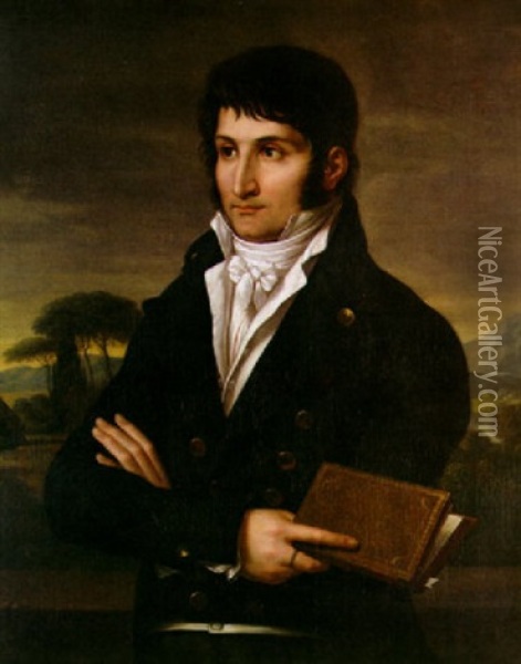 A Portrait Of A Gentleman (lucien Bonaparte?) Wearing A Jacket With Gold Buttons, A White Cravate, And Holding A Leatherbound Book Oil Painting - Francois-Xavier Fabre