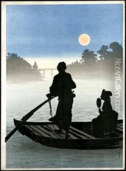 Boaters In Silhouette Oil Painting - Arai Yoshimune