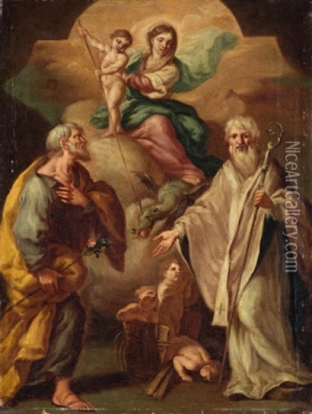 Madonna Del Carmine Tra San Giuseppe E San Nicola Di Bari Oil Painting - Nicola Vaccaro