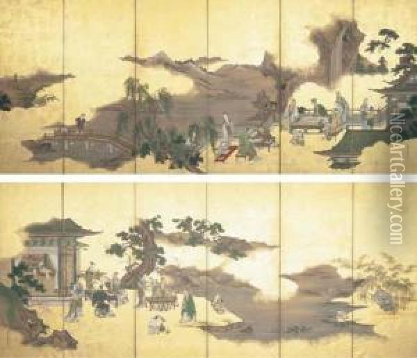 The Four Accomplishments Oil Painting - Kano Toun