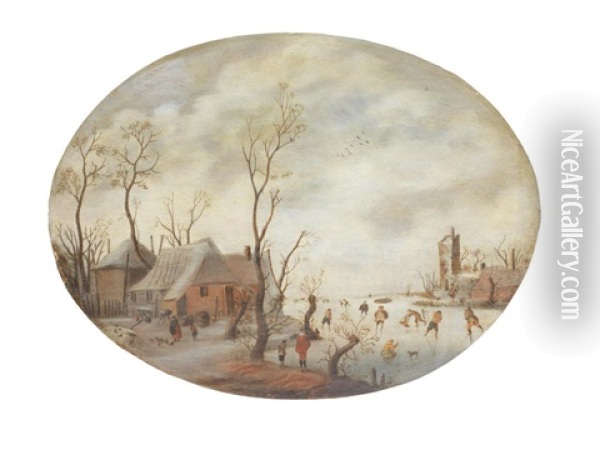 A Winter Landscape With Figures Ice Skating And Playing Kolf Oil Painting - Anthonie van Stralen
