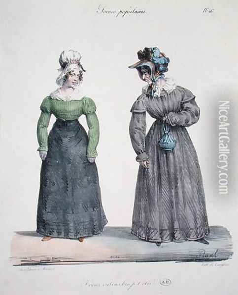 Caricature of a jealous mistress with her servant, plate number 40 from the Scenes Populaires series, engraved by Langlume, c.1820 Oil Painting - Pigal, Edme Jean