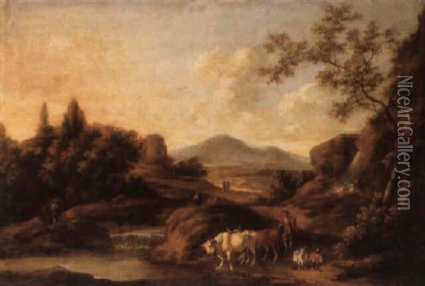 An Extensive Italianate Landscape With A Drover, Cattle And Goats Oil Painting - Philip James de Loutherbourg