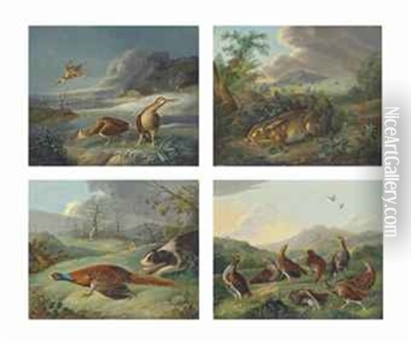 Woodcock On A Frosty Day, A Hare Taking Shelter, The Pheasant's Flight And A Covey Of Grey Partridge (set Of 4) Oil Painting - Stephen Elmer