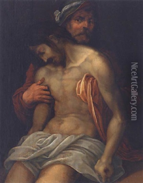 Joseph Von Arimathaa Halt Und Zeigt Den Toten Christus Oil Painting - Andrea Del Sarto