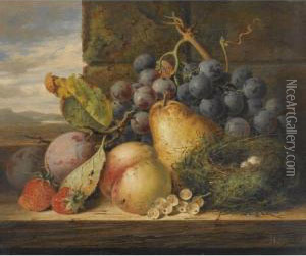 Still Life With A Bird's Nest, A Pear, A Peach, Grapes,strawberries And Plums Oil Painting - Edward Ladell