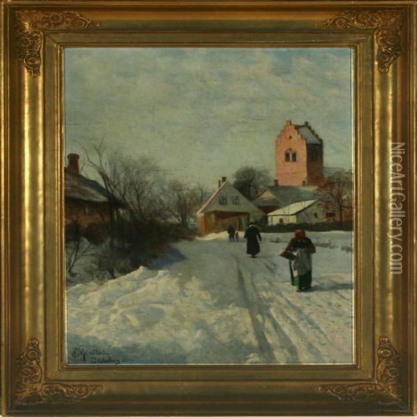 Juledag/christmas Day Oil Painting - Peder Mork Monsted