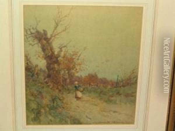 Autumnal Scene With Woman On A Path Oil Painting - Oswald Garside