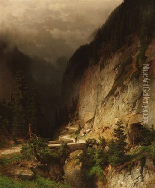 Wanderer Auf Einer Brucke Im Hochgebirge Oil Painting - Joseph Jansen