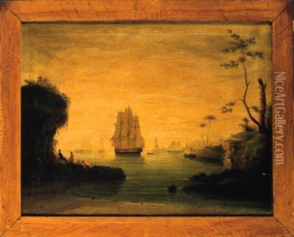 A View Of A Harbor, 1820-1830 Oil Painting - John Samuel Blunt