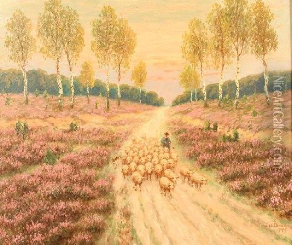 Eifellandschaft Mit Schafer Und Seinerherde Oil Painting - Josef Dederichs