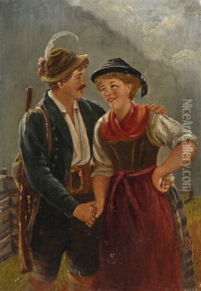 Dirndl Und Jager (+ Zwei Dirndl; 2 Works) Oil Painting - Friedrich Anton Otto Prolss