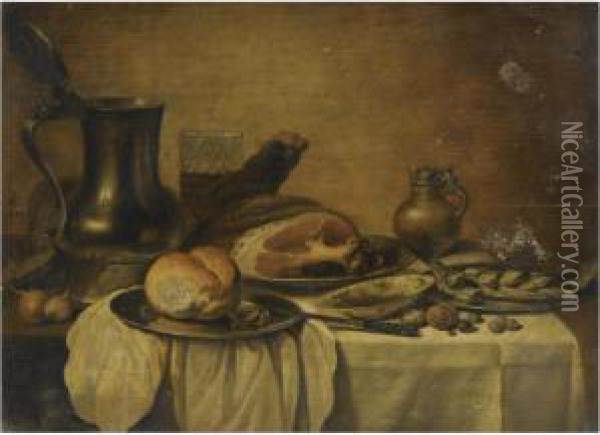 Still Life With A Pewter Jug, A 
Beaker Of Beer, A Cooked Ham, Abread Roll On A Pewter Plate, Together 
With Other Objects Allarranged On A Table Partly Draped In A White Cloth Oil Painting - Pieter Claesz.