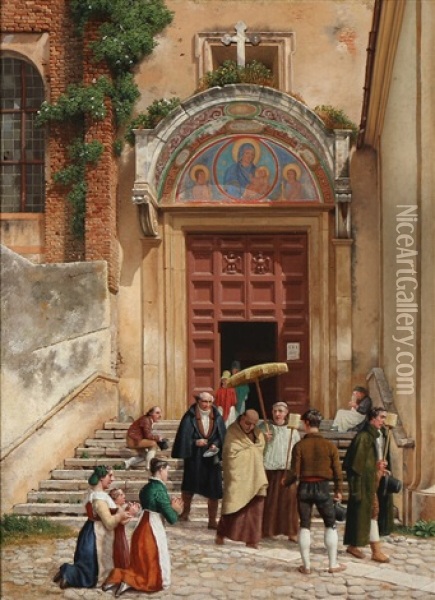 A Roman Convent (the Entrance Gate To Araceli), The Monks Are Fetched For A Sick Person Oil Painting - Christoffer Wilhelm Eckersberg